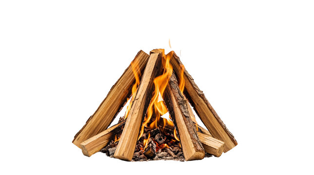Vibrant campfire with burning wooden logs and bright orange flames, radiating warmth and light, isolated PNG for outdoor activities, camping, and survival