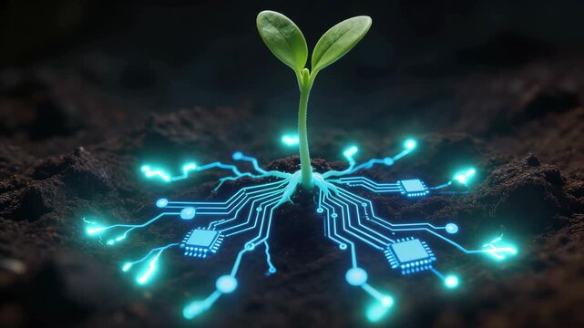 Green plant sprout with glowing digital circuit roots in soil representing technology and nature fusion