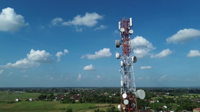 Dynamic aerial drone footage of Telecommunication cell phone tower signal Transmission with diverse angles and movements for technology for production design