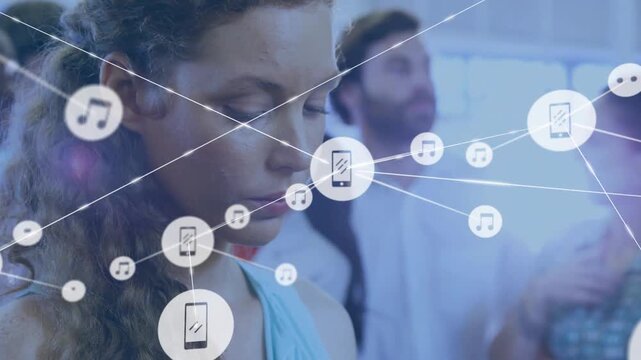 Woman wearing headphones among guests, mobile icon appearing, web growing, showing social network