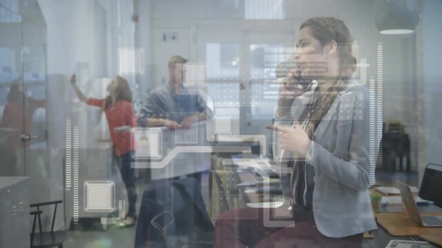 Seated woman answering smartphone call, leading marketing team while overlays highlight plans