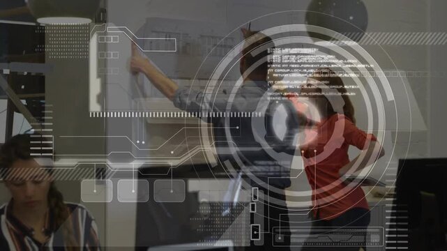 Man reaching with marker, woman leaning at whiteboard, sketching business plan under HUD overlay