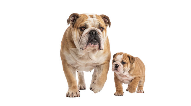 Adorable adult English Bulldog and its cute puppy walking forward, isolated PNG on transparent background, perfect for pet-related designs and advertising