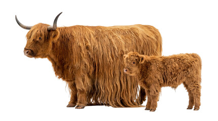 Majestic Highland cow and adorable shaggy calf, standing together, isolated on transparent background, a beautiful family portrait PNG © Irina