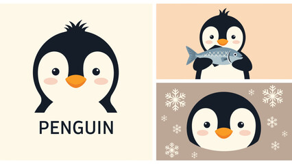 Obraz premium Collection of three cute penguin illustrations showing a simple logo a penguin eating fish and one surrounded by snowflakes.
