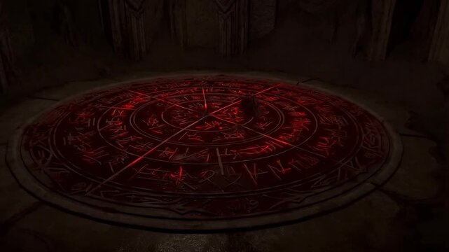 Static shot of occult summoning circle activating with red energy in dark stone chamber