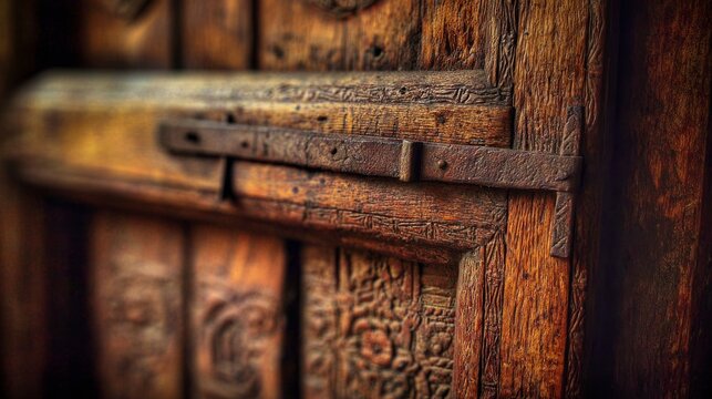Close-up side view of an ancient wooden door, showcasing intricate carvings on the door jamb and a heavy metal hinge. Textured wood grain, detailed craftsmanship, soft directional light.