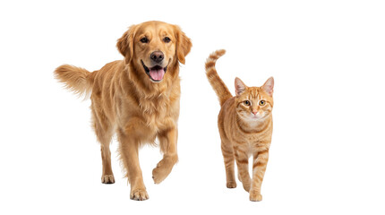 Happy Golden Retriever dog and an orange tabby cat walking together, a friendly pet duo isolated on transparent background PNG © Irina