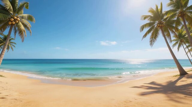 Tropical beach with clear blue ocean water and coconut palm trees on a sunny day