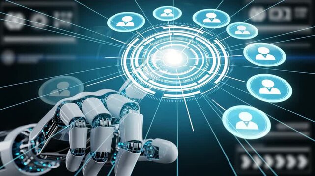 Robotic Hand Touching Digital Interface with User Profile Icons