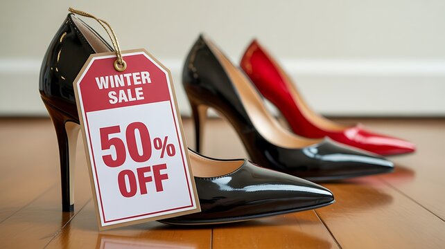 High-heeled shoes on sale, winter discount sign, 50% off