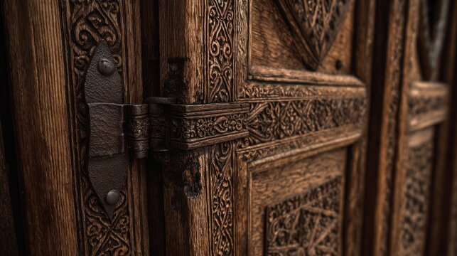 Close-up side view of an ancient wooden door, showcasing intricate carvings on the door jamb and a heavy metal hinge. Textured wood grain, detailed craftsmanship, soft directional light.