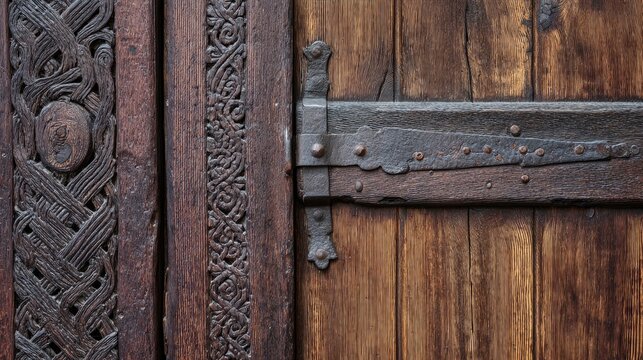 Close-up side view of an ancient wooden door, showcasing intricate carvings on the door jamb and a heavy metal hinge. Textured wood grain, detailed craftsmanship, soft directional light.