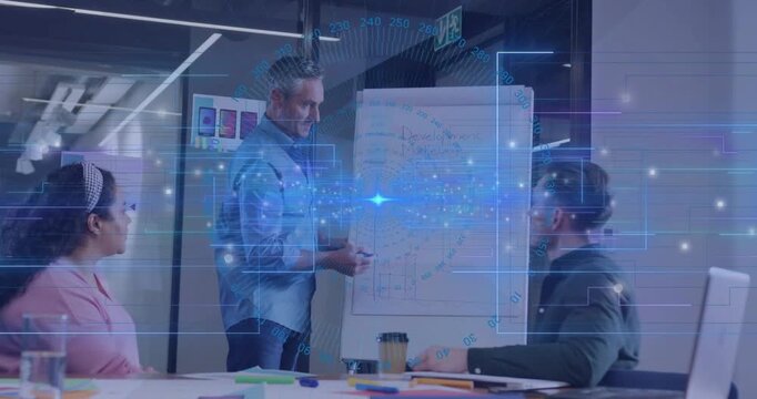 Presenter grabbing markers and pointing chart, guiding team on business data with HUD overlaying