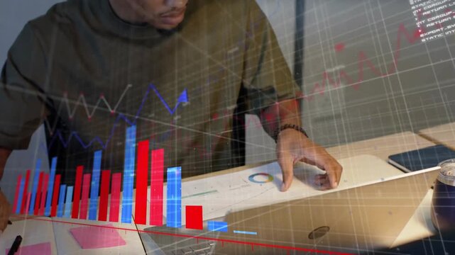 Analyst writing and adjusting circular chart at desk, animated graphs overlaying for data analysis