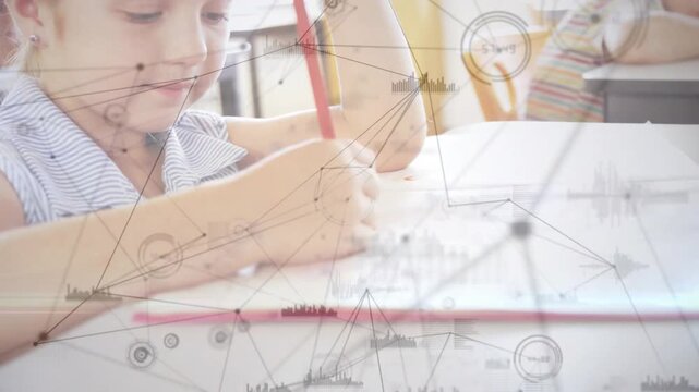 Boy student placing red pencil and writing in classroom, doing classwork with overlay over notebook