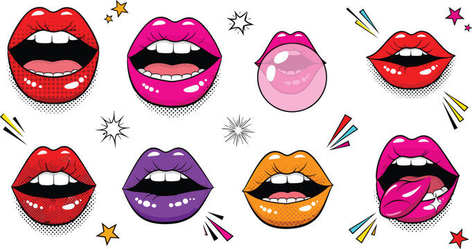 Pop art colorful lips collection with bubble gum tongue open mouth comic style beauty fashion vector illustration set