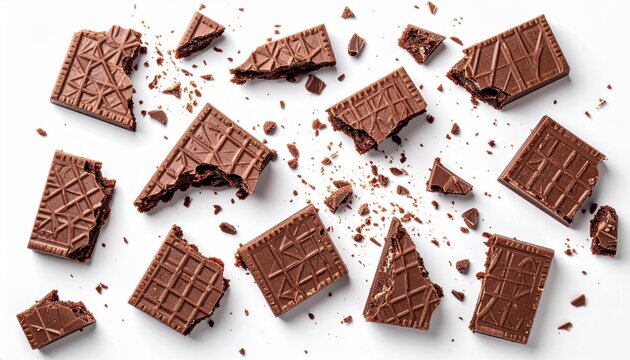 Delicious pieces of a broken chocolate cream filled wafer cookies with crumbs scattered on a plain white background.