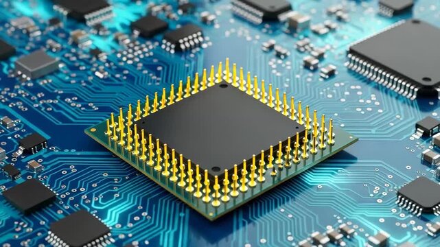 Technological Marvel: A close-up perspective of a central processing unit (CPU) showcasing the intricate network of integrated circuits and components, symbolizing the digital world's core.