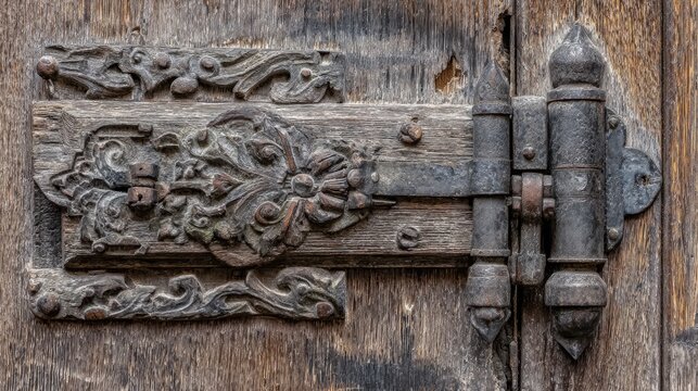 Close-up side view of an ancient wooden door, showcasing intricate carvings on the door jamb and a heavy metal hinge. Textured wood grain, detailed craftsmanship, soft directional light.