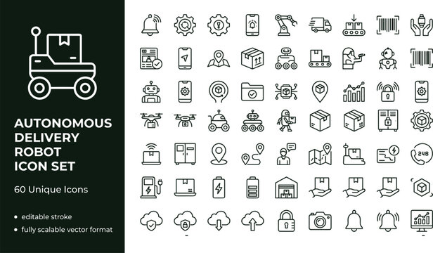 Autonomous delivery robot icon set with smart logistics automation transportation symbols for mobile apps websites dashboards and digital interfaces
