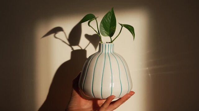 Close-up of a person holding a handcrafted ceramic vase containing a pothos cutting, with warm sunlight casting interesting shadows and caustic light reflections on the wall behind it