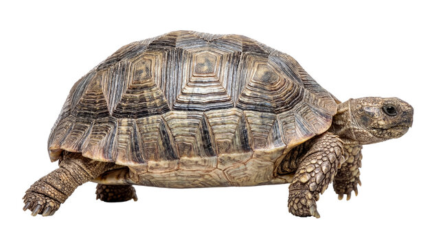 A detailed view of a tortoise with its textured shell, walking and appearing poised. Captures the animal's features and its posture