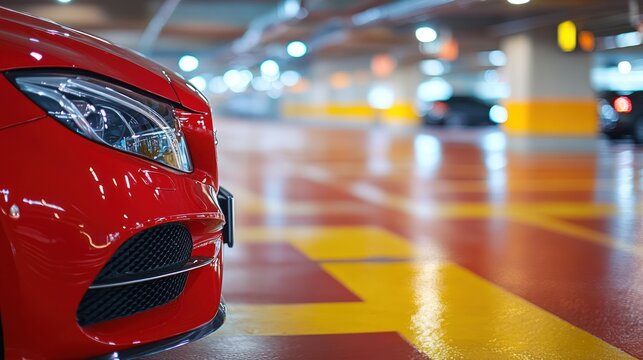 Red car in underground parking garage. Interior shot. Possible use Stock photo for automotive, parking, and architecture