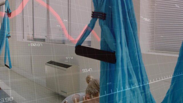 Women doing fitness, blonde lowering torso as camera panning, blue hammock swinging, HUD overlaying