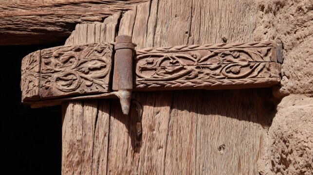 Close-up side view of an ancient wooden door, showcasing intricate carvings on the door jamb and a heavy metal hinge. Textured wood grain, detailed craftsmanship, soft directional light.