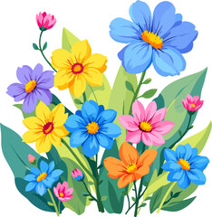 Fototapeta premium Colorful wildflower bouquet with blue, pink and yellow blossoms, decorative botanical illustration isolated on white background for spring floral projects