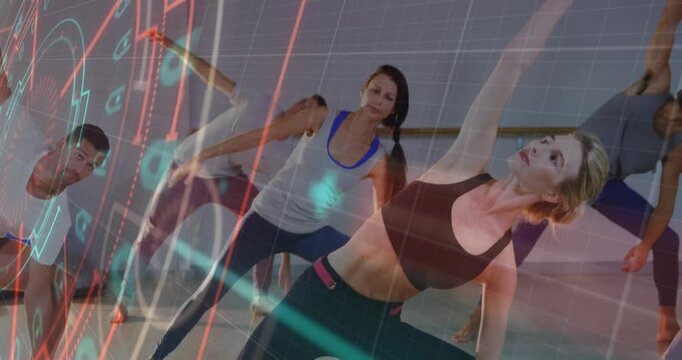 Lead woman stepping into wide lunge, lifting arm into side bend, neon HUD highlighting fitness form