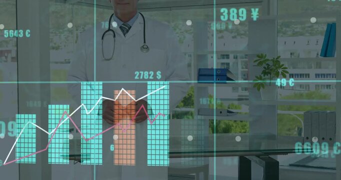 Physician standing at desk, HUD activating from waist and showing health finance charts over torso