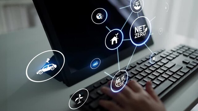 Net zero and sustainability concepts with environmental balance, digital sustainability icons, green energy goals, and eco-conscious digital business transformation for the future. Funnel