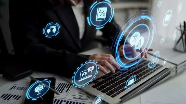 Translation icons show international languages, interpretation, and communication. Translation helps global business, translation supports learning, and translation improves cultural exchange. Funnel