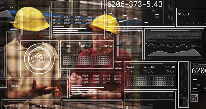 Worker showing handheld, lead tapping tablet while HUD overlaying factory metrics over bench