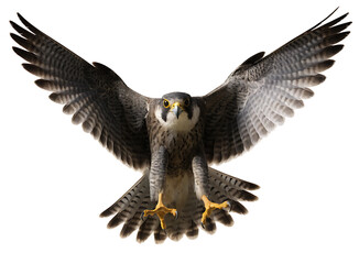 Fototapeta premium Peregrine falcon flying with wings spread wide and sharp talons extended for landing isolated on white background studio