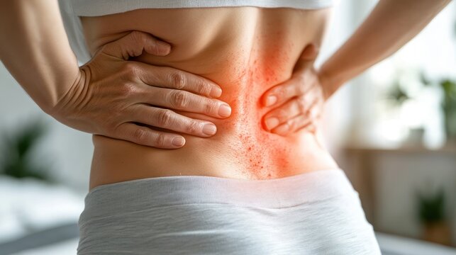 Woman with back pain, showing red rash, bedroom interior, medical image
