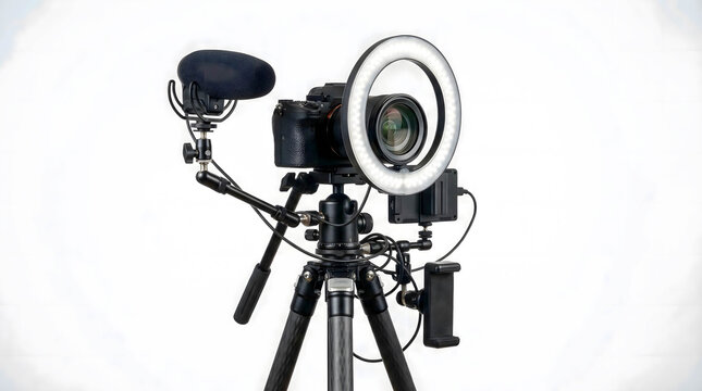 Camera setup with microphone and ring light on tripod in studio  