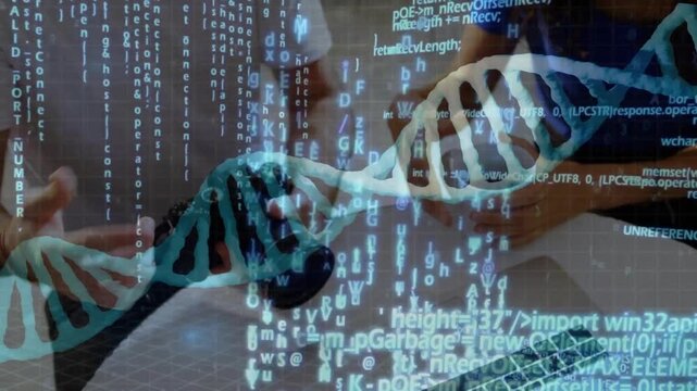 Team pointing at laptop, causing DSLR adjusting, reviewing shots for biotech amid DNA code overlay