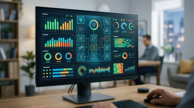 Medium shot capturing a virtual compliance dashboard with realtime audit tracking indicators main interface in sharp detail and the background indistinct.