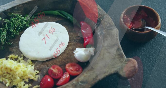 Vertical video: On play, board holding disk, chilis, overlays revealing key elements for food ads