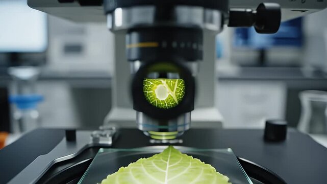 Microscope Examining Green Leaf Sample.