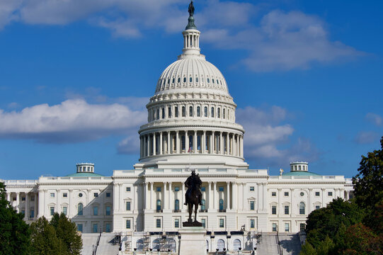 Capitol Building Facade and Ulysses S. Grant Memorial Equestrian Statue Washington DC United States