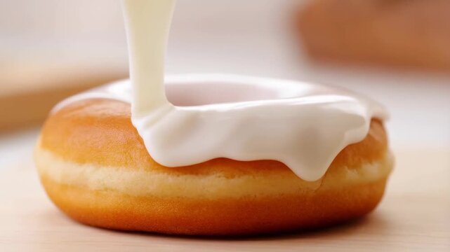 Slow motion tracking close up of glazed donut being poured with white icing on wooden kitchen countertop board