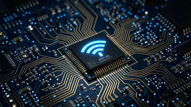 A modern computer motherboard showcasing intricate, luminous blue pathways and a central "WIFI 6E" chip radiating a clear Wi-Fi connectivity symbol.