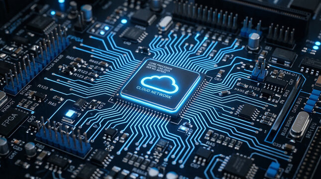 A central processing unit with a glowing blue cloud network icon on its surface, surrounded by intricate neon blue circuits and components on a dark motherboard.