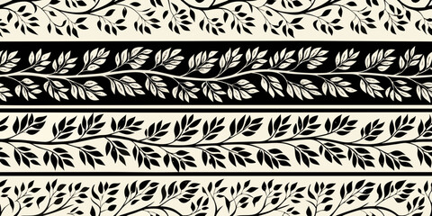 Seamless black and cream botanical pattern with delicate leafy branches © MituRani
