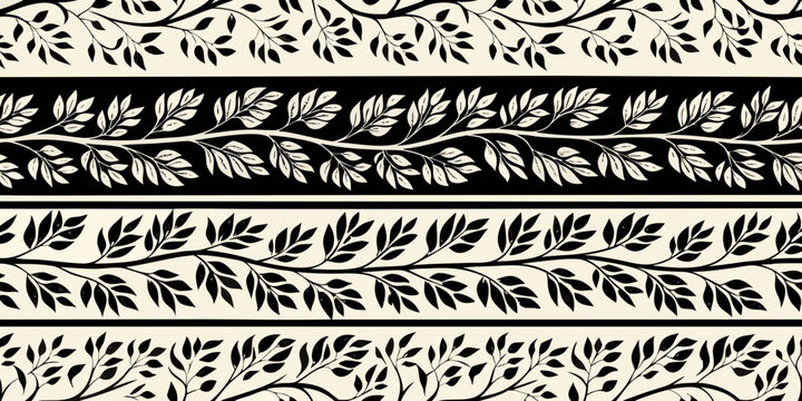 Seamless black and cream botanical pattern with delicate leafy branches