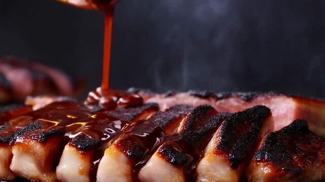 Slow motion close up of pork ribs being brushed with barbecue sauce in studio kitchen